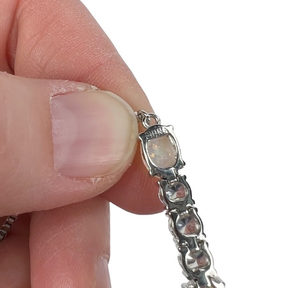 Synthetic Opal and Rhinestone Bolo Slide Lock Silver Tone Bracelet - Picture 8 of 9